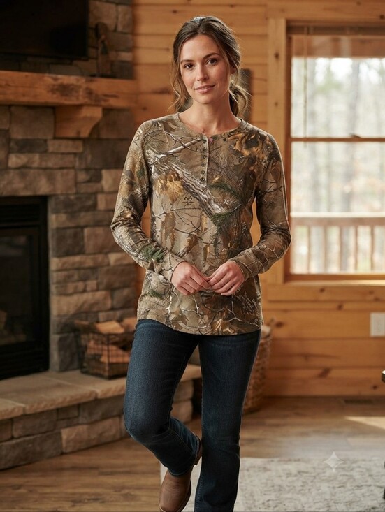 Realtree Tops - Realtree Women's Long Sleeve Camouflage Henley Top - Green/brown Size XL